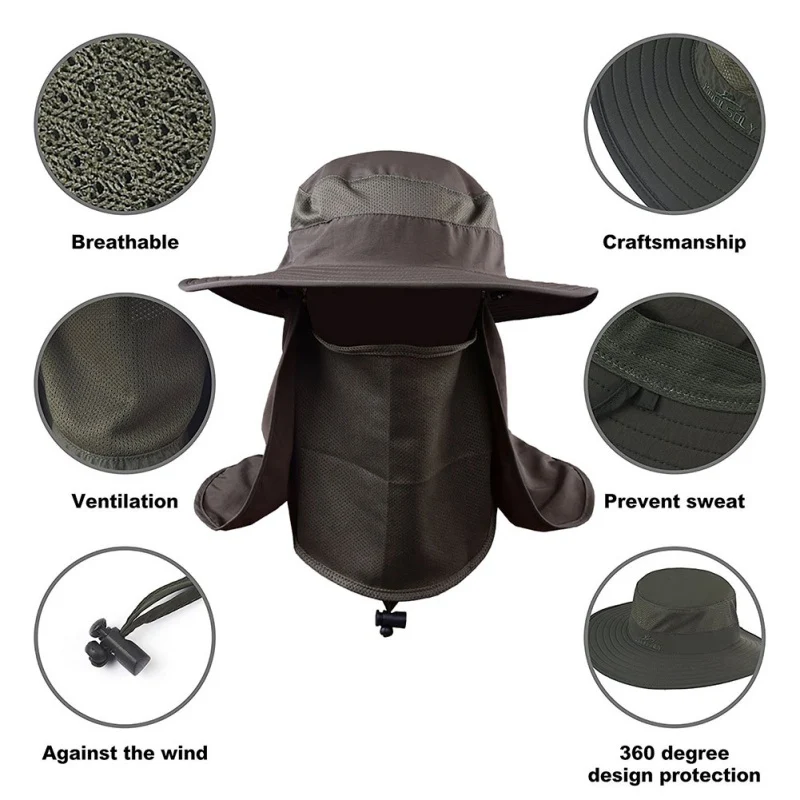 Summer 3pcs/Set Men Bucket Hat with Shawl Veil Hunting Hat Detachable 12cm Army Sun Waterproof Outdoor Camp Fishing Cap