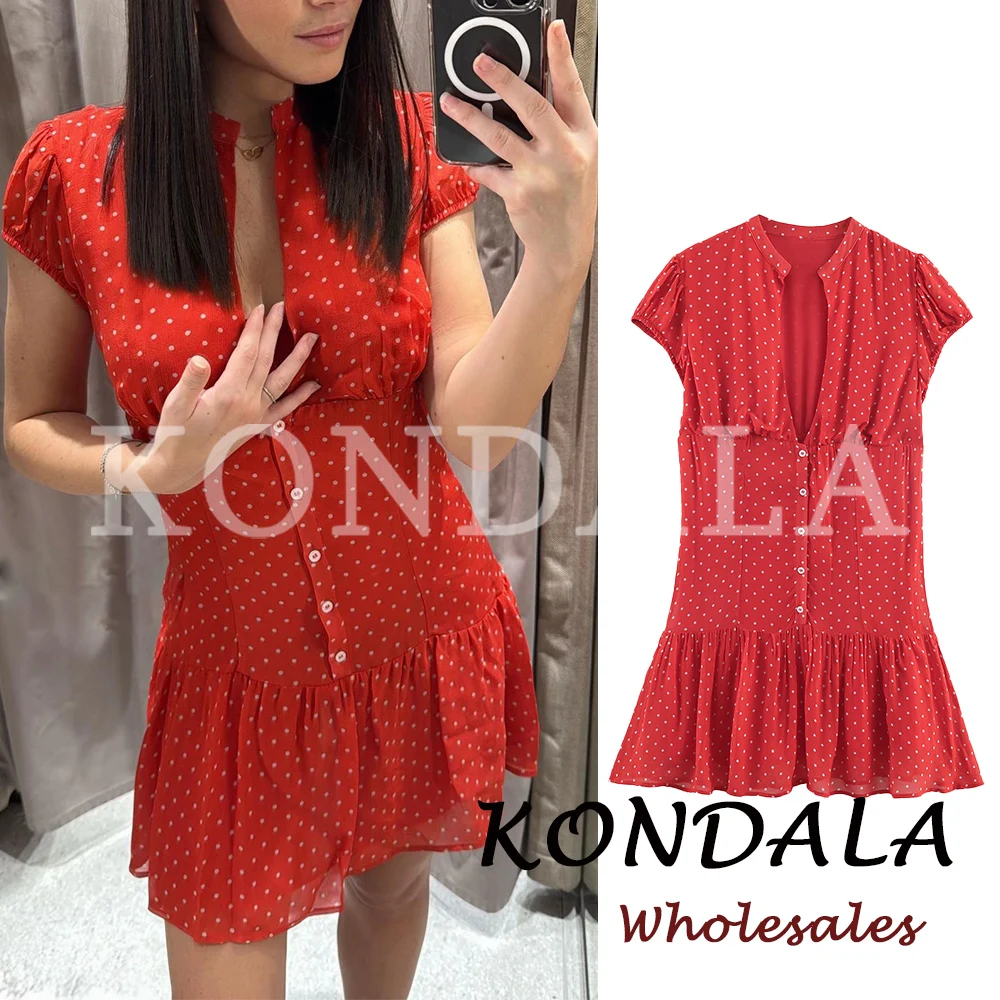 KONDALA Schickes Etuikleid Kurzarm Süßes Mini-Kleid für Damen Mode 2026 Sommer Gepunktetes Rotes Kleid Vintage Elegantes Damenkleid