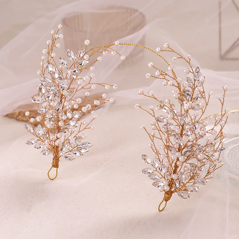 Hand Weave Pearl Headdress Copper Wire Rhinestone Bride Wedding Accessories Hair Band