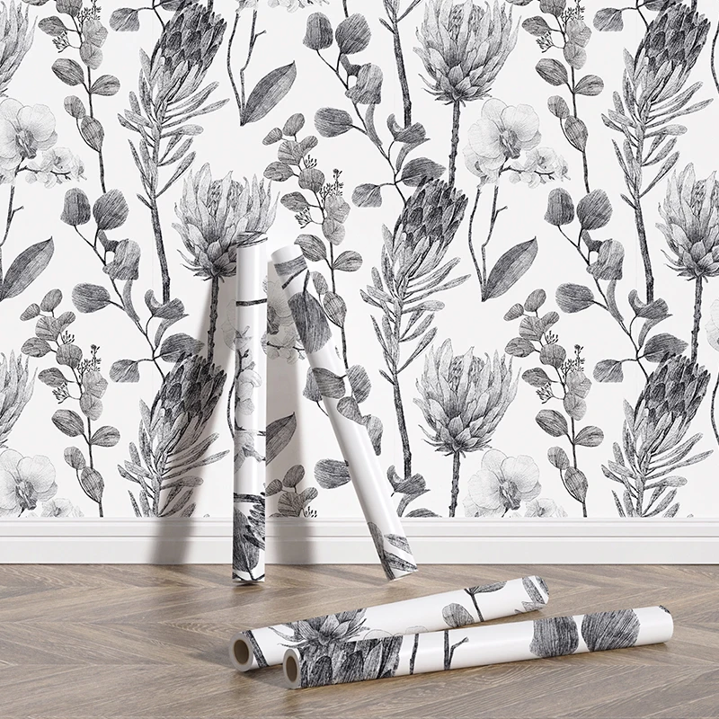 Peel And Stick Grey Floral Wallpaper Retro Leaf PVC Home Decor TV Background Wall Self-adhesive Flower Vinyl Cabinet Sticker