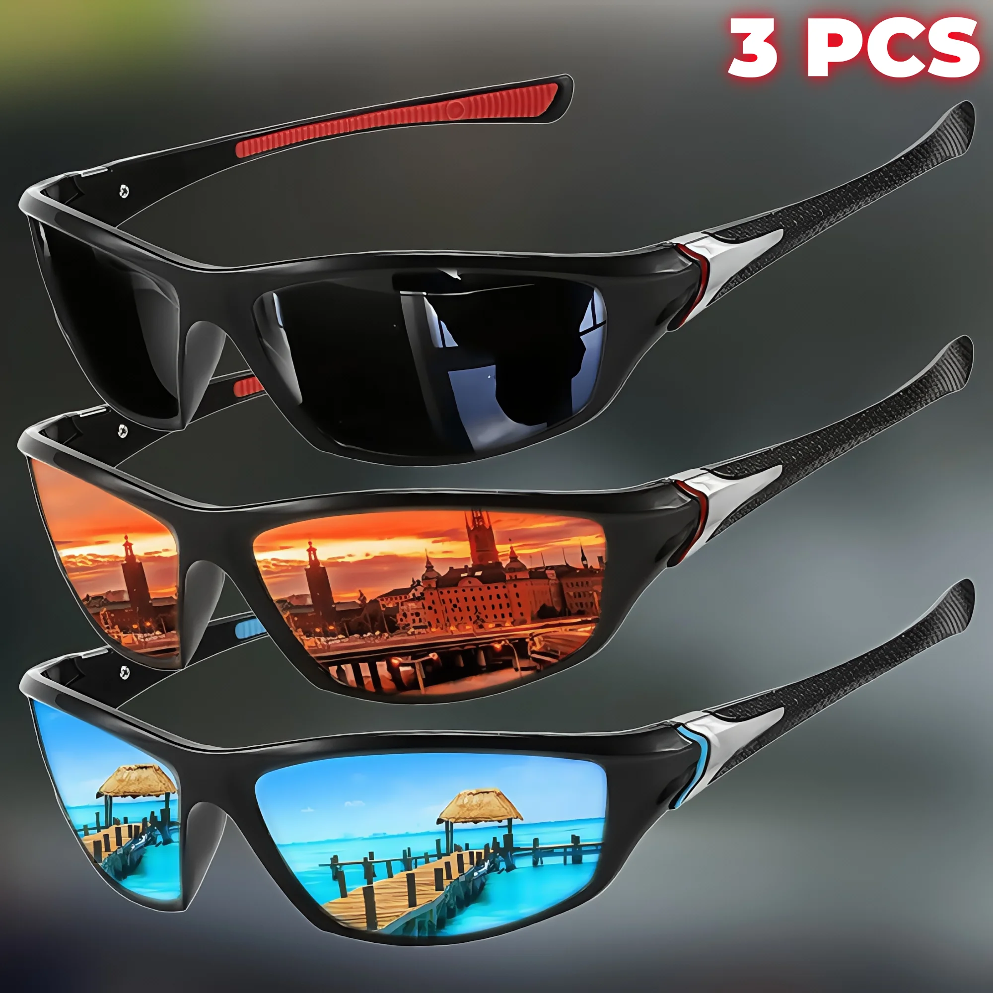 3PCS Retro Vintage Outdoor Sport Sonnenbrille Wraparound Mehrfarbige Linsen Leichte UV400 für Radfahren Angeln Unisex Brillen – Detail 10
