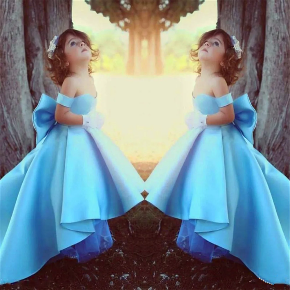 

Satin Blue Bow Belt Shoulder-off Princess Flower Girl Dress Ball Beauty Pageant First Communion Kids Surprise Birthday Present