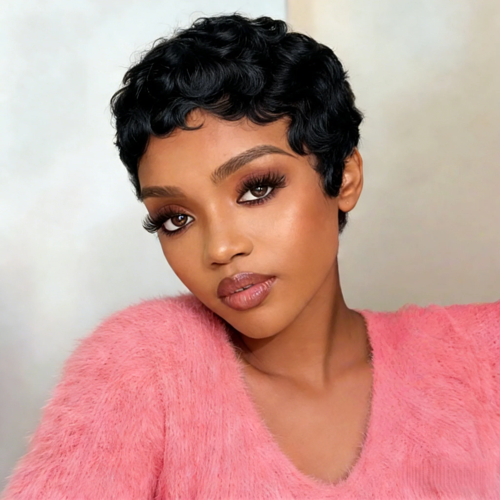 짧은 웨이브 가발 인모 픽시컷 6인치 여성용 인모 자연색 곱슬머리 가발 풀머신제작