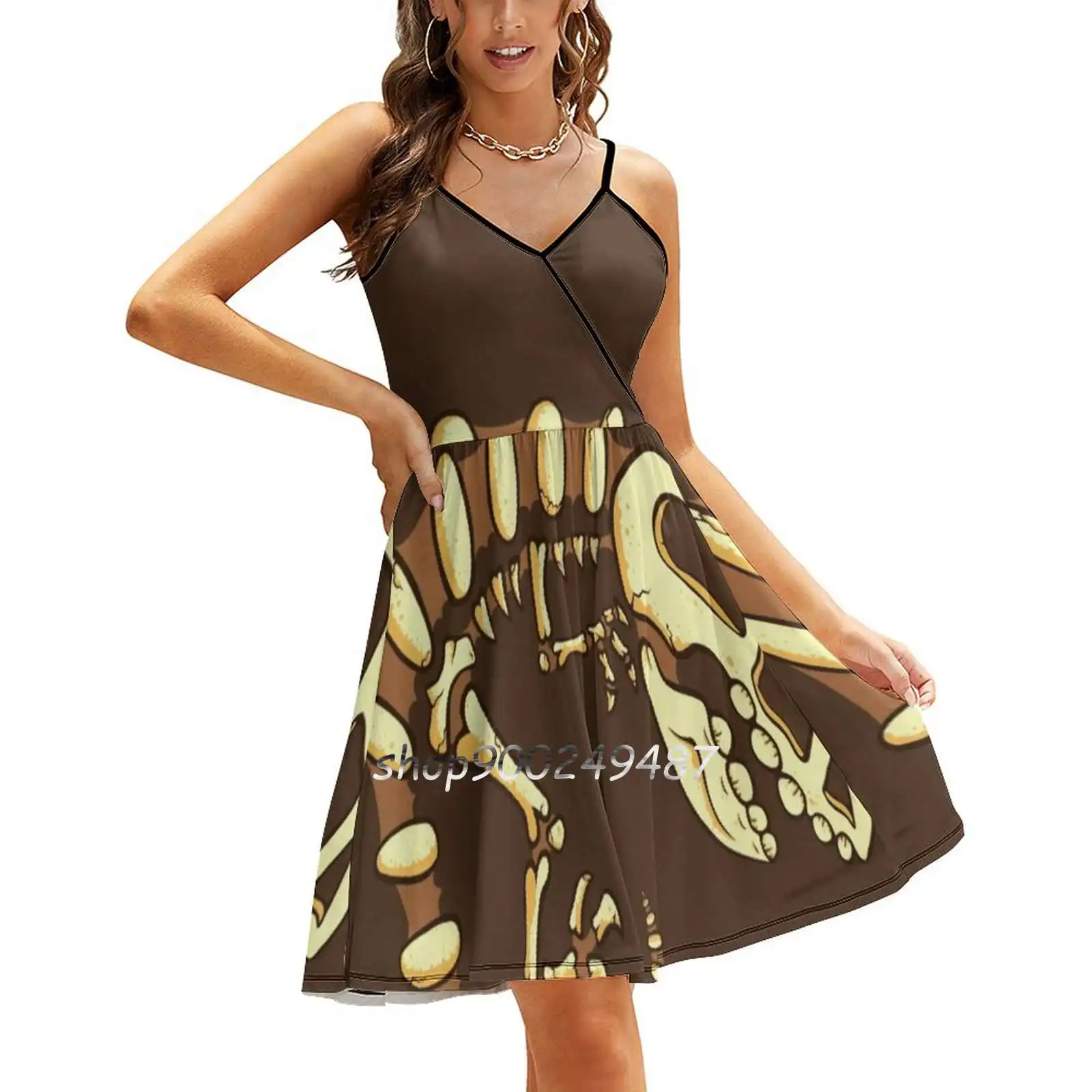 Dino Fossili Sling Dress Summer Dress Sling Sexy A Line Dress Fashion Female Dress Dinosaur Brown Bone Trex Dino Tooth