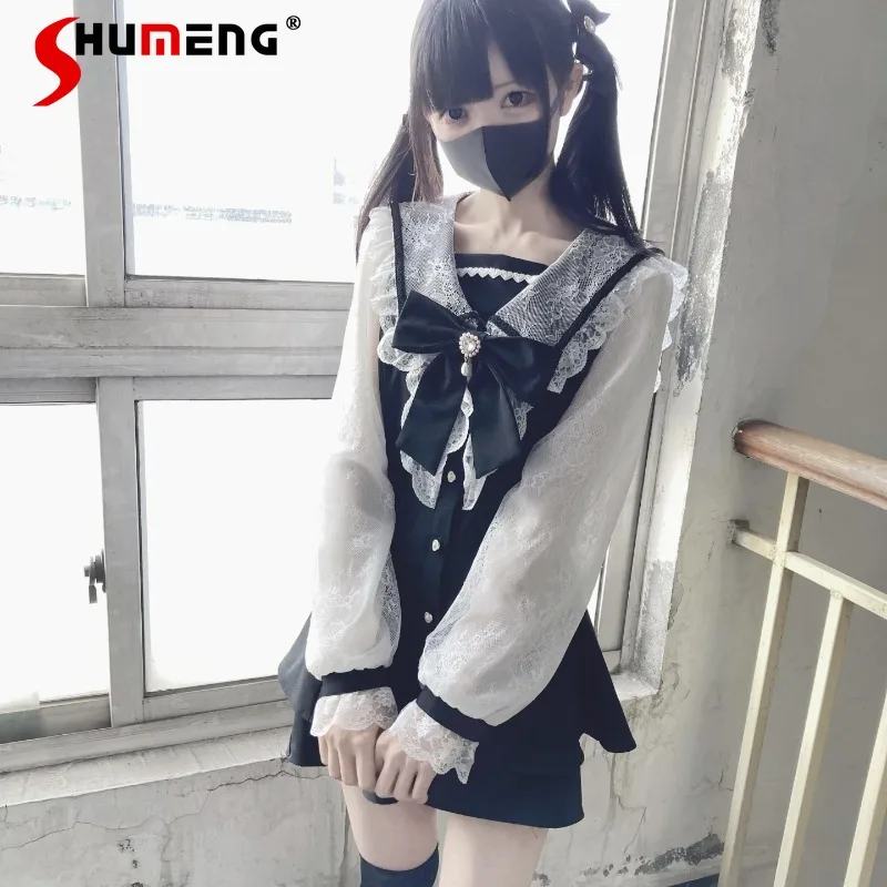 

Japanese Lolita Style Lace Sailor Collar Mesh Long Sleeved Big Bow Dress Mine Mass-Produced Top And Shorts Two-Piece Set Outfits