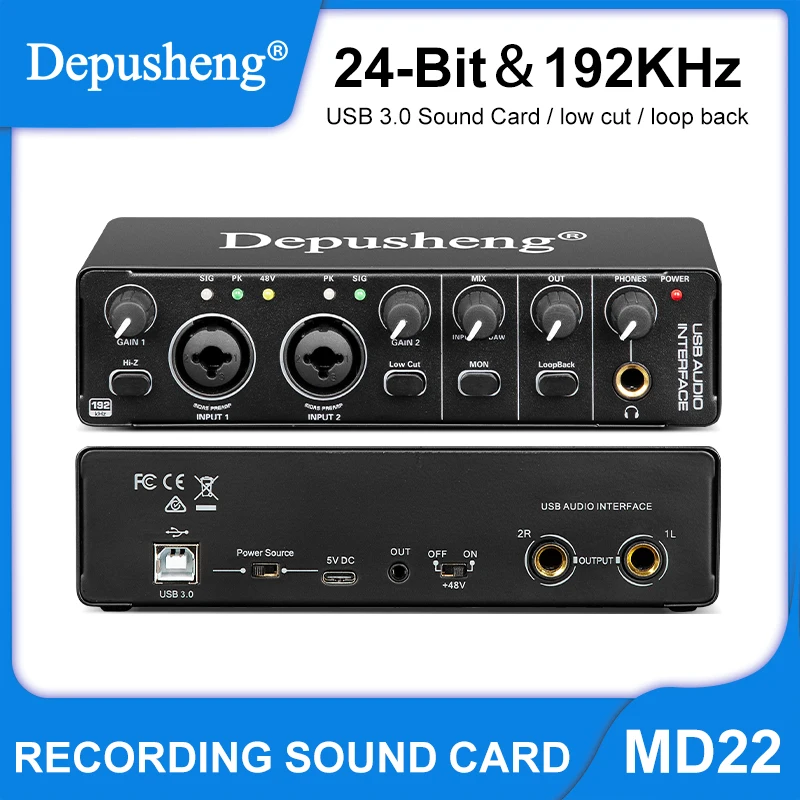 Interface de Áudio Usb 3.0 Placa de Som com Monitoramento Guitarra Elétrica Gravação ao Vivo Estúdio Canto Micro Depusheng-md22