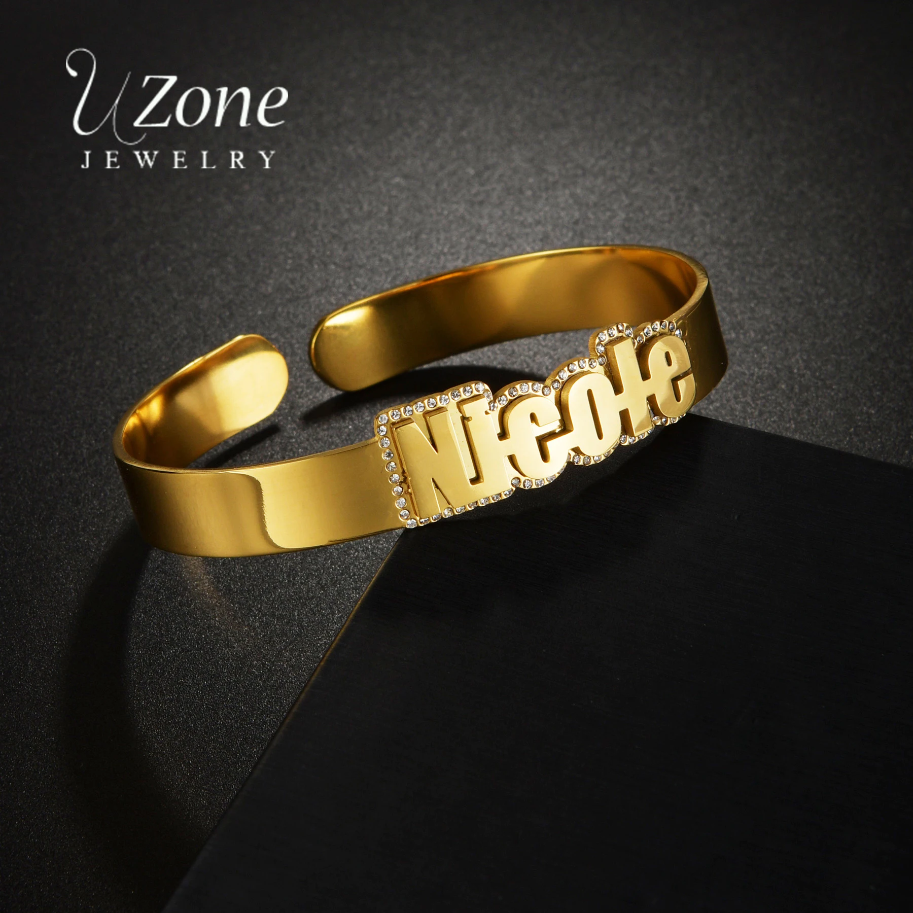 

UZone Personalized Custom Name 10mm Zircon Bracelet Stainless Steel 2-Sided Welding Stone Bangle for Women Jewelry Birthday Gift