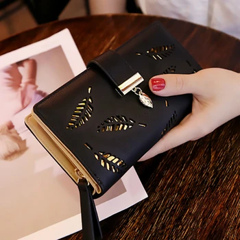 Women Wallet PU Leather Purse Female Long Wallet Gold Hollow Leaves Pouch Handbag For Women Coin Purse Card Holders Clutch 1