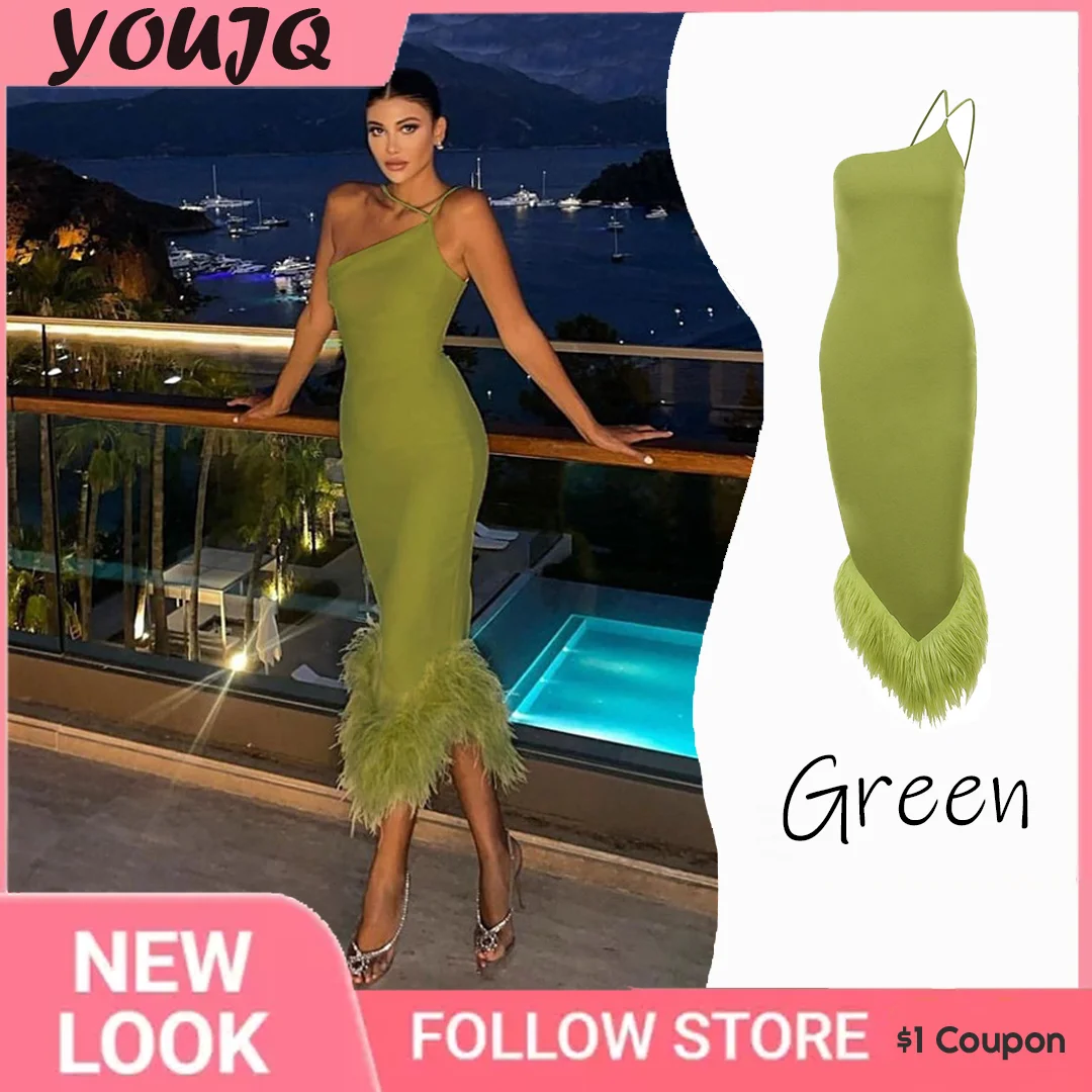 

Sexy Knitted One Shoulder Halter Dress Women's Spring Summer Green Dress with Tassel Backless Bodycon Mermaid Dress