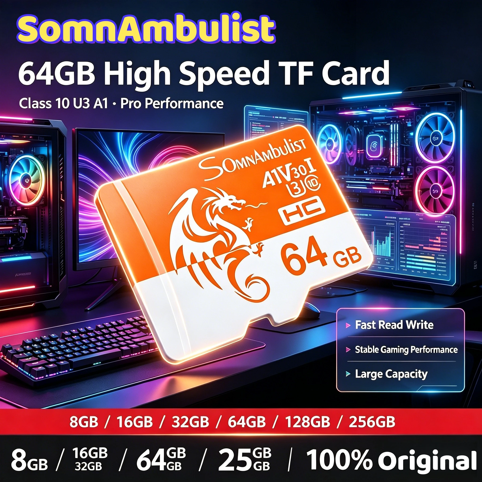 SomnAmbulist 64GB 고속 미니 TF 카드 클래스 10 U3 A1 (드론, 오디오 감시 장치, 메모리 카드 프로 유닛용 SD 어댑터 포함)