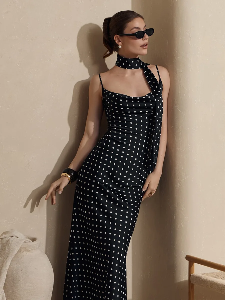 Bornladies 2026 Women's Summer New Cami Maxi Dress Halter Tie-Waist Mermaid Skirt Elegant Polka Dot Long Dress