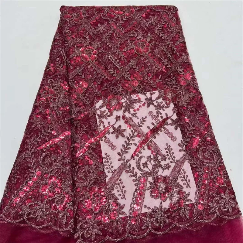 

African Lace Fabric 2023 High Quality 5 Yards Nigerian Sequins Tulle Fabrics Embroidered Sequins Sewing Wedding Lace Fabric