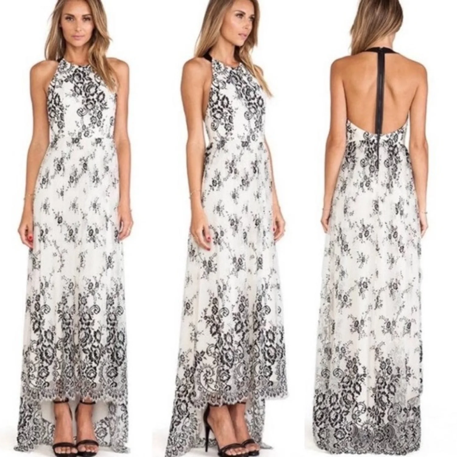 

Leather T-Back Flower Embroidered Maxi Dress Lace Nightdress