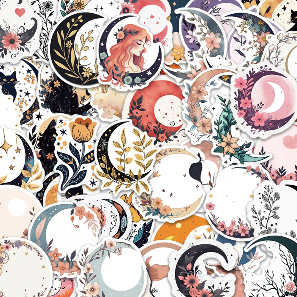 

10/50PCS Moon Flower and Cat Stickers Vintage For DIY Car Notebook Guitar Motorcycle Laptop Luggage Suitcase Graffiti Decals