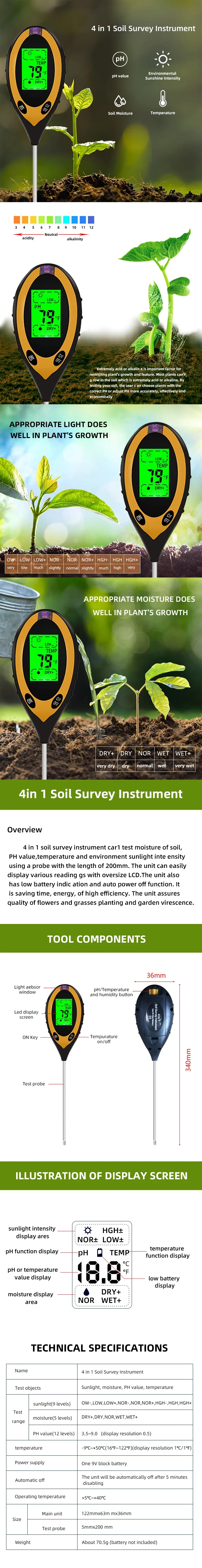 Neues digitales 4-in-1-Boden-PH-Messgerät, Feuchtigkeitsmonitor, Temperatur-Sonnenlicht-Tester für Gartenpflanzen, Landwirtschaft mit Schwarzlicht – Detail 8