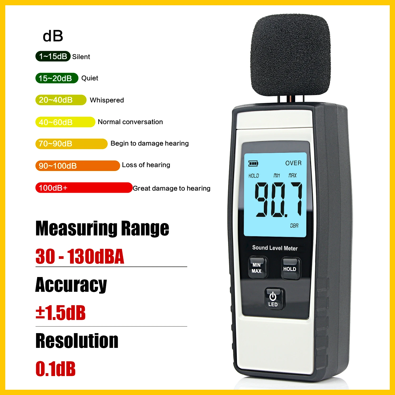 Mesure Du Son DM1306D Digital Decibel Sound Meter Détecteur De Bruit Mural Intelligent Portable 30-130dB Avec Moniteur De Température Et D'humidité