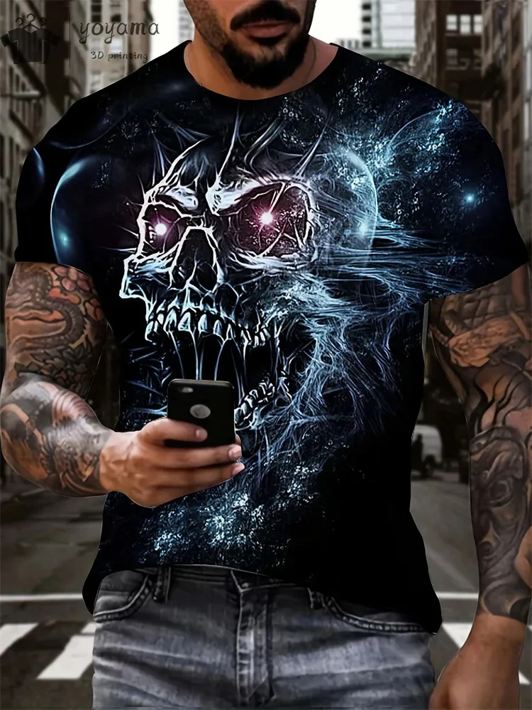 Mens Oversized 3D Skull Print T-Shirt - Summer Horror Fashion Tee
