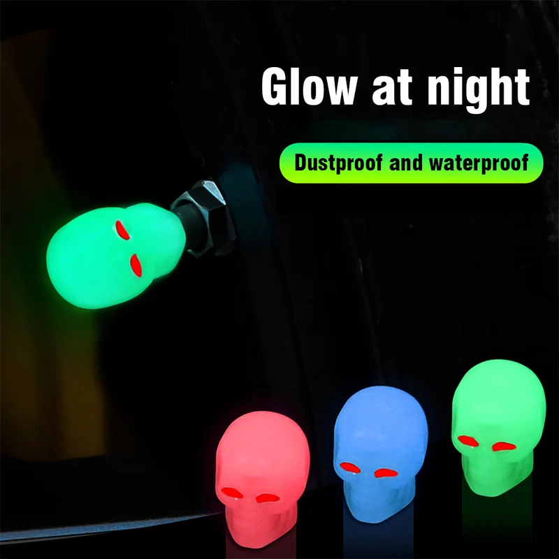 Skull Styling Luminous Valve Cap Car Motorcycle Bicycle Wheel Valves Nozzle Caps Decor Tire Night Glowing Nozzle Cover