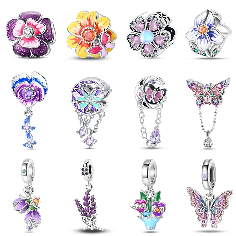 

925 Sterling Silver Butterfly Tulip Iris Flower Charms Beads Fit Pandora 925 Original Bracelets Fine DIY Valentine Jewelry Gifts