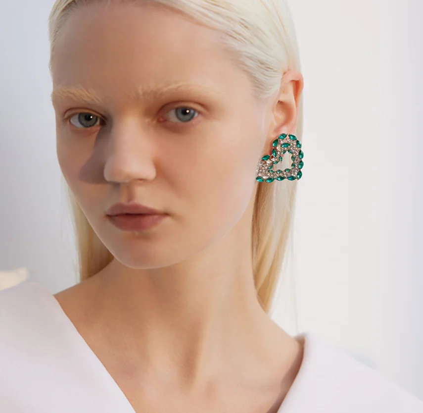 925 silver needle artificial Rhinestone heart green wedding party Earrings for women Fashion Jewelry