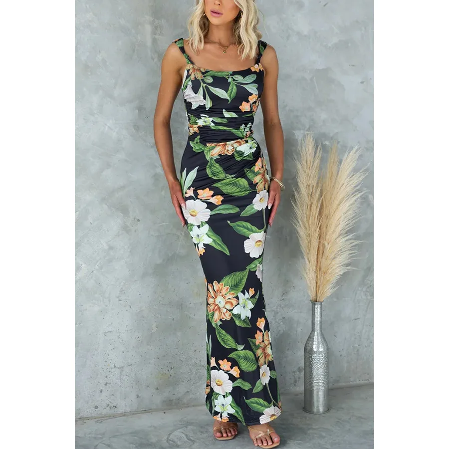 

Женское пляжное платье-комбинация, элегантное облегающее плиссированное платье с цветочным принтом, стрейчевое, без рукавов, с открытой спиной, в стиле кэжуал, для отдыха