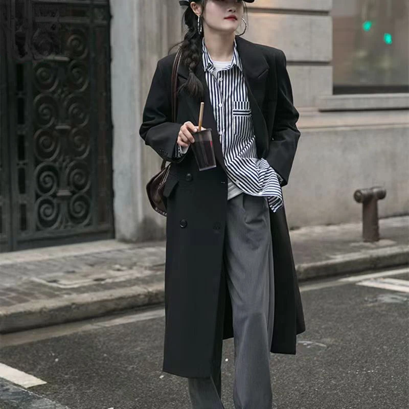 

Women's Black Long Suit Jacket, Spring and Autumn Casual Suit, Street Fashion, Vacation Blazer, 2022