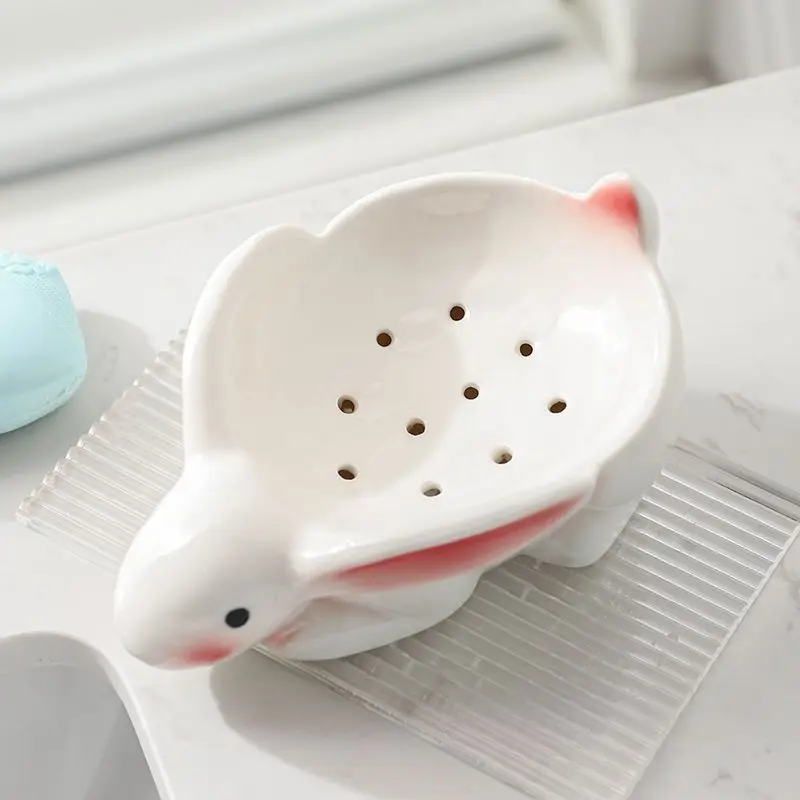 Ceramic Draining Soap Box Light luxury Cartoon Cute Rabbit Shaped Soap Dishes, Home Bathroom Kitchen Supplies, Storage Rack, 1Pc