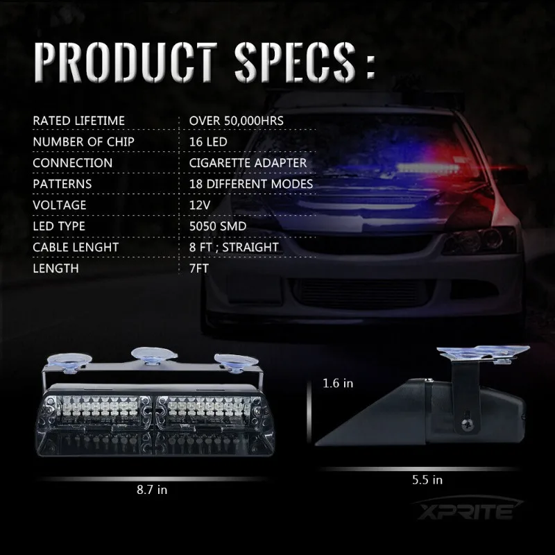 16 LED Emergency Car Strobe Lights Flash Lighting Suction Cup