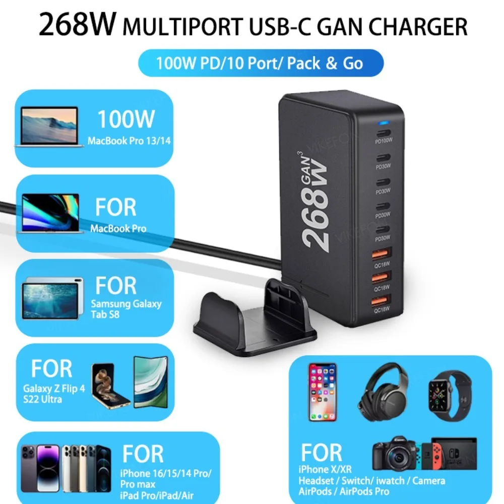 268W Gan Fast Charging PD 100W PD 30W PPS QC3.0 Charger for Home Office for Smartphone Laptop iPad Quick Charge Socket Adapter