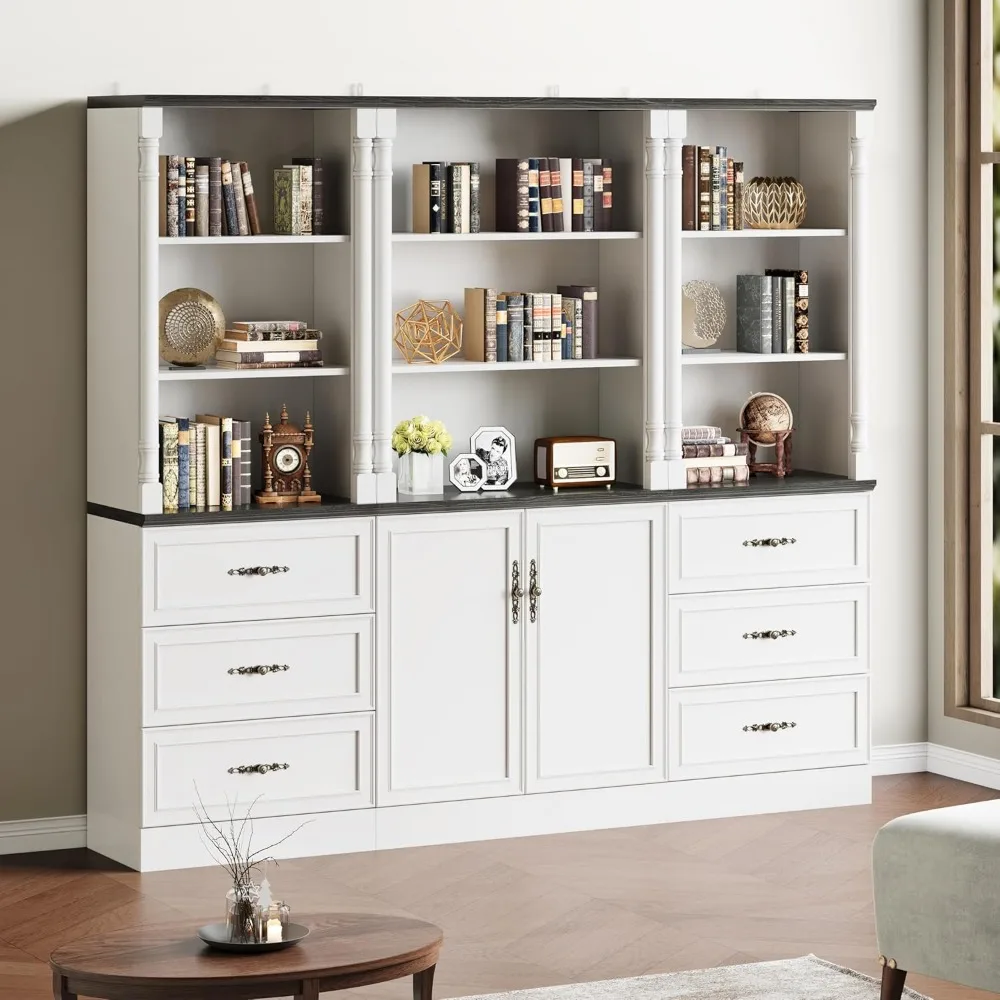 Bookcase with Doors, 71 inch Tall Bookshelf with Storage Cabinet, Floor Standing Wood Bookcase with Adjustable Shelves, 3