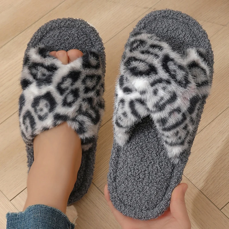 2025 New Open Toe Leopard Print Fur Slippers Women Lightweight Warm Fluffy Furry Slides Woman EVA Anti Slip Indoor Home Shoes
