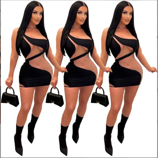 

Sexy Women's Summer New Fashion Temperament Tight Gauze Stitching Perspective One-shoulder Nightclub Explosion Dress