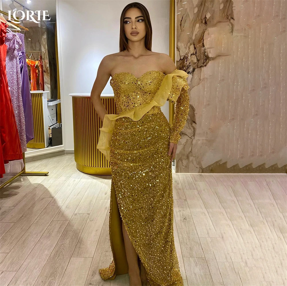 

LORIE Champagne Gold Glitter Mermaid Evening Dresses Off Shoulder Sequins Ruffles One Shoulder Prom Dress Side Slit Party Gowns