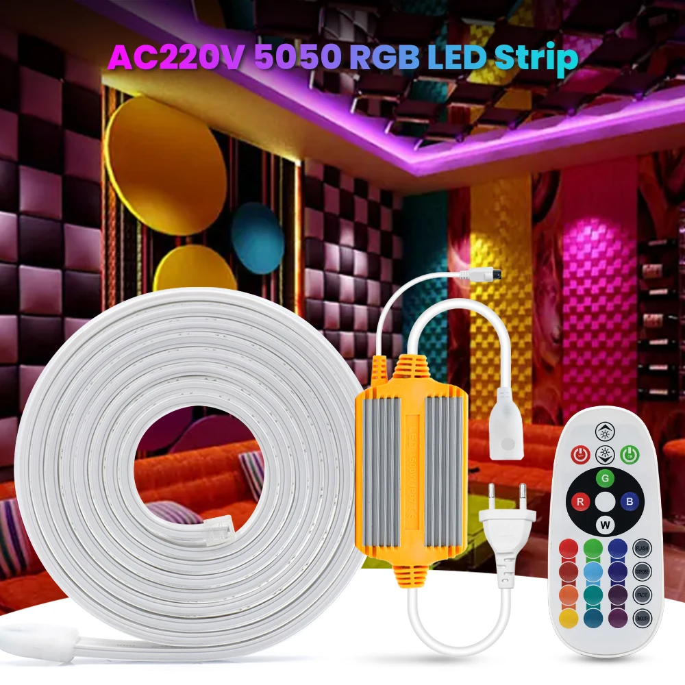 

LED Strip Light Waterproof 220V SMD5050 Flexible RGB LED Tape with Remote Control 60Leds/m Outdoor LED Lights White Warm White