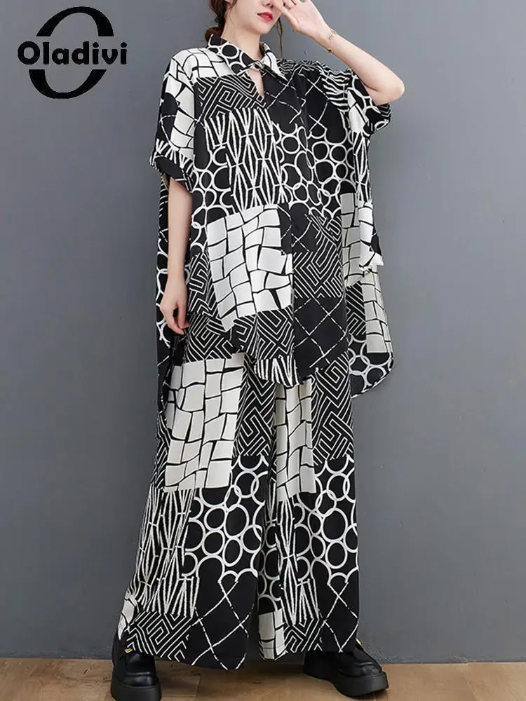 

Oladivi Big Size Women Fashion Print Shirts + Pants Two Pieces Sets Casual Loose Suits 2022 Summer New Oversized Top Bottom 3552