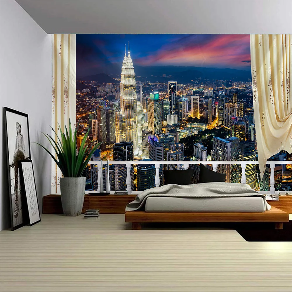 Outside The Window, Urban Landscape, Tapestry, Wall Art, Large Mural Decoration, Curtains, Home, Bedroom, Living Room Decoration
