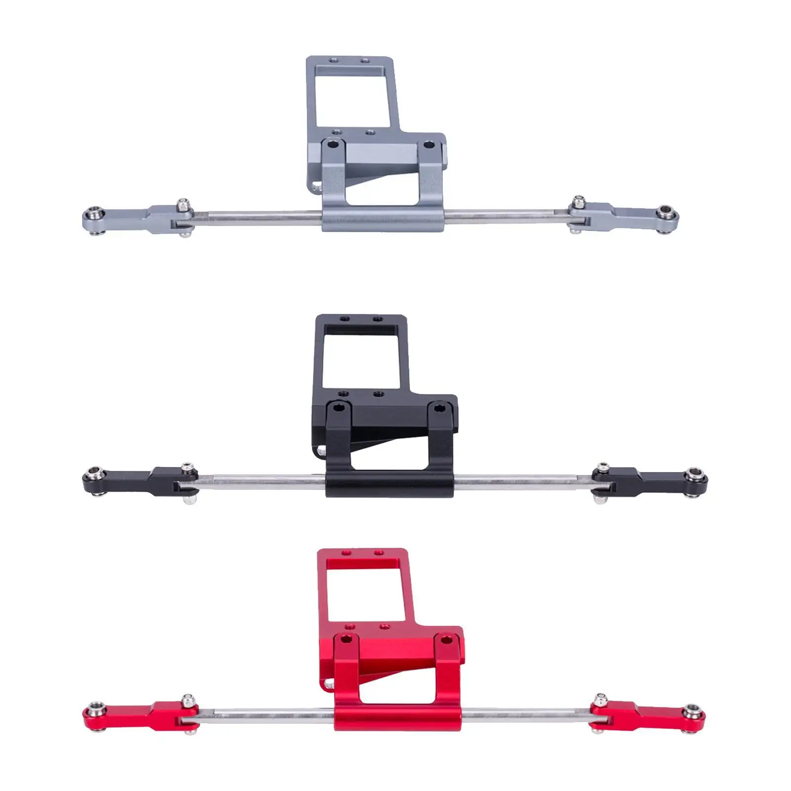 Support servo alu fixé sur le pont avant d'un RC Crawler 1/10, avec flexibles hydrauliques visibles.