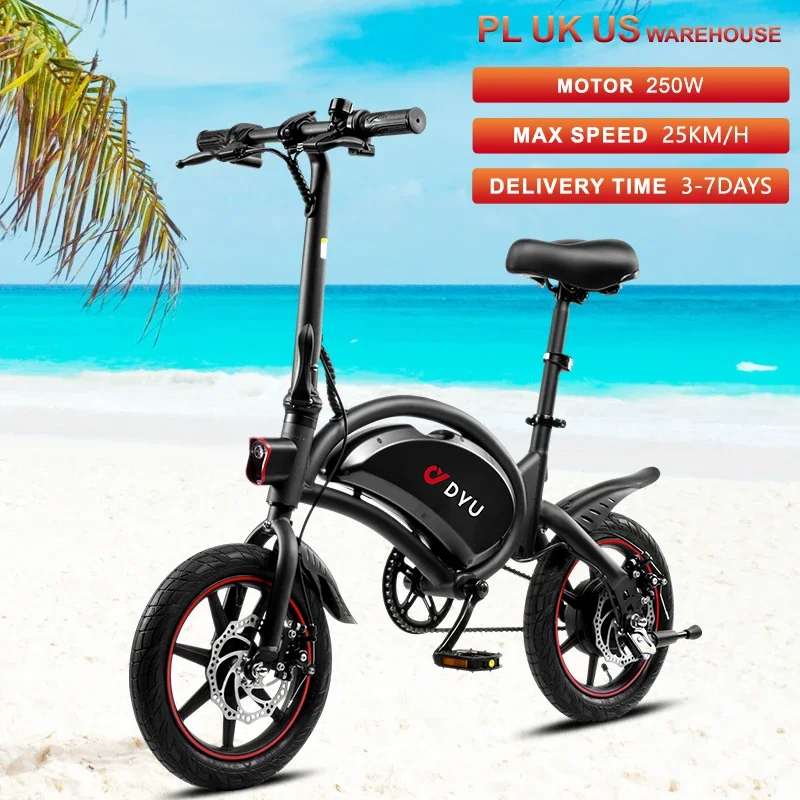 Dyu D3F Eu Uk Usa Stock Mini Bicicletta Elettrica 36V 10Ah 250W 14 Pollici Velocità Massima 25 Km/H Ebikes City Road Beach Aldult Bici Elettrica