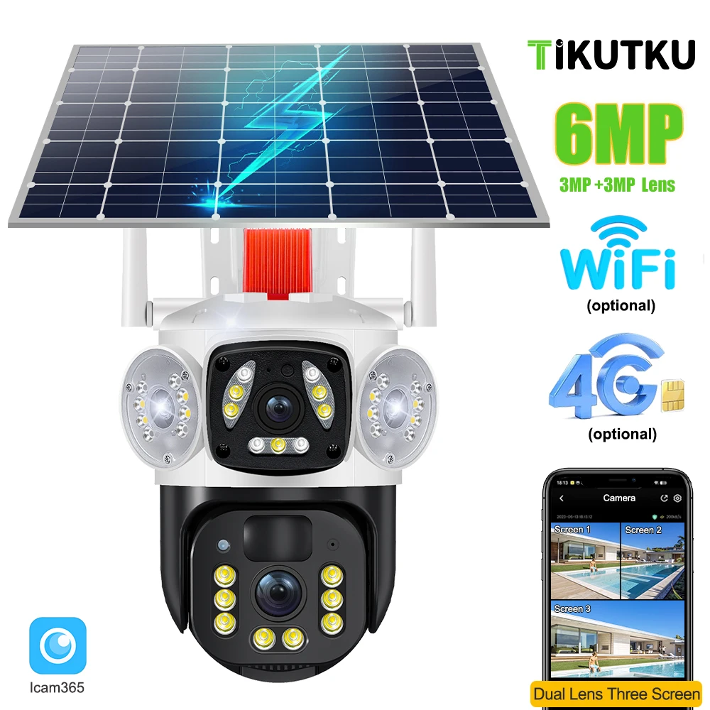 4G Solar Camera Dual Lens Outdoor WIFI Wireless PTZ 6MP IP Cam Security Protection Rechargeable Battery CCTV Video Surveillance