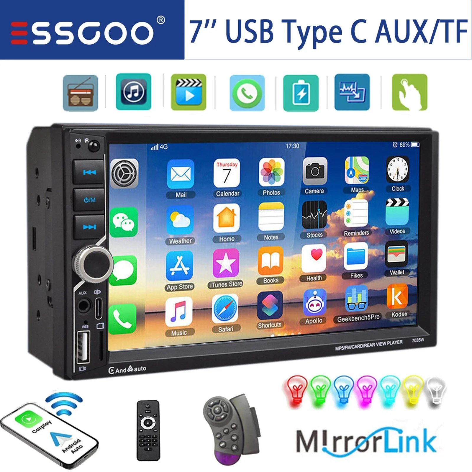 ESSGOO Autoradio Universel Double 2 DIN 7 Pouces Écran Tactile HD CarPlay Sans Fil Android Auto Bluetooth 5.0 USB AUX TF Égaliseur Mirror Link Commande Volant Type C SD Lecteur MP5 1