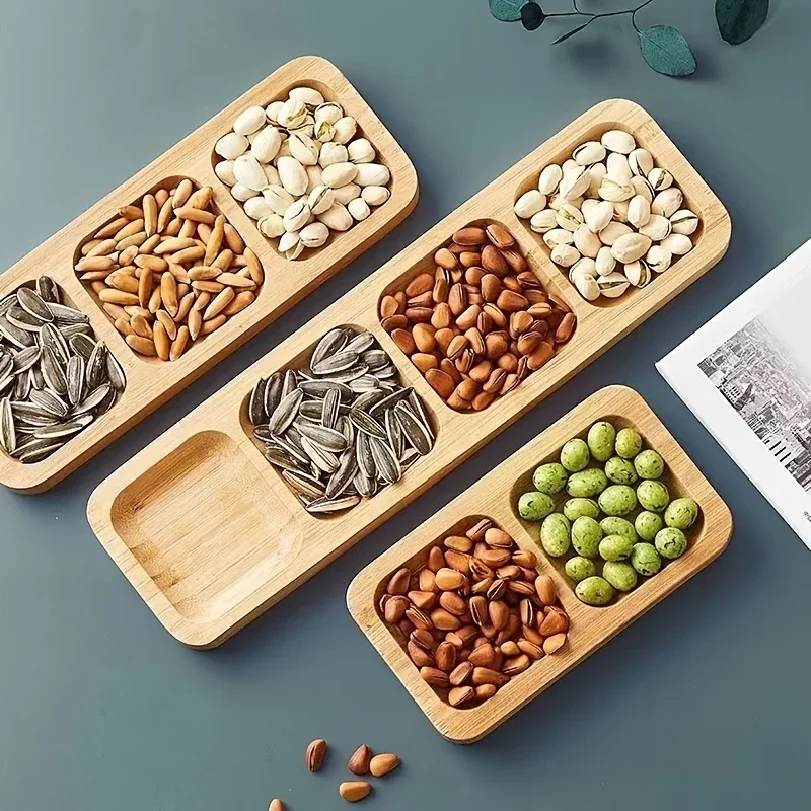 대나무 4칸 간식 서빙 트레이 1개 - 견과류, 과일, 사탕, 식당, 또는 선(禪) 다도실 장식에 이상적