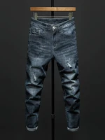 Ripped Frayed Men's Slim-fit Stretch Jeans Cotton Fashion Korean Classic Blue Black Denim Pants Streetwear Hip Hop Male Trousers