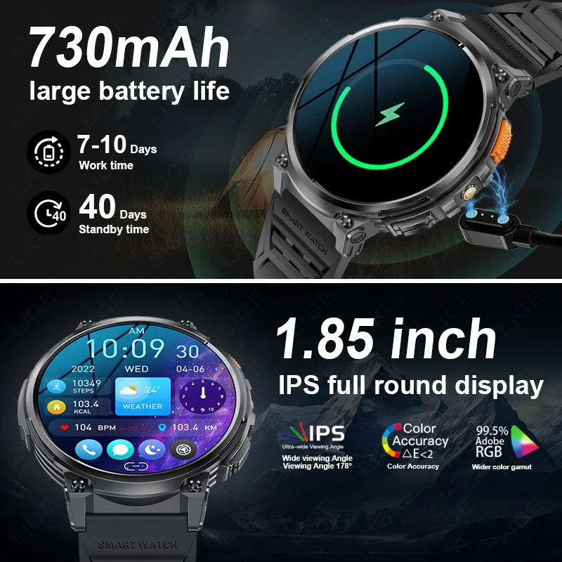 New 1.85” HD Screen LED Flashlight Smart Watch Men 730mAh Large Battery BT Call Man Bracelet Waterproof Fitness Men's Smartwatch 2