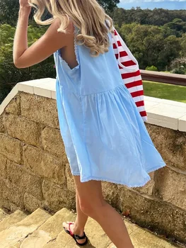 Women s Sleeveless Floral Print Mini Dress with Deep V Neckline and Eyelet Detailing - Perfect for Summer Beach Days 2