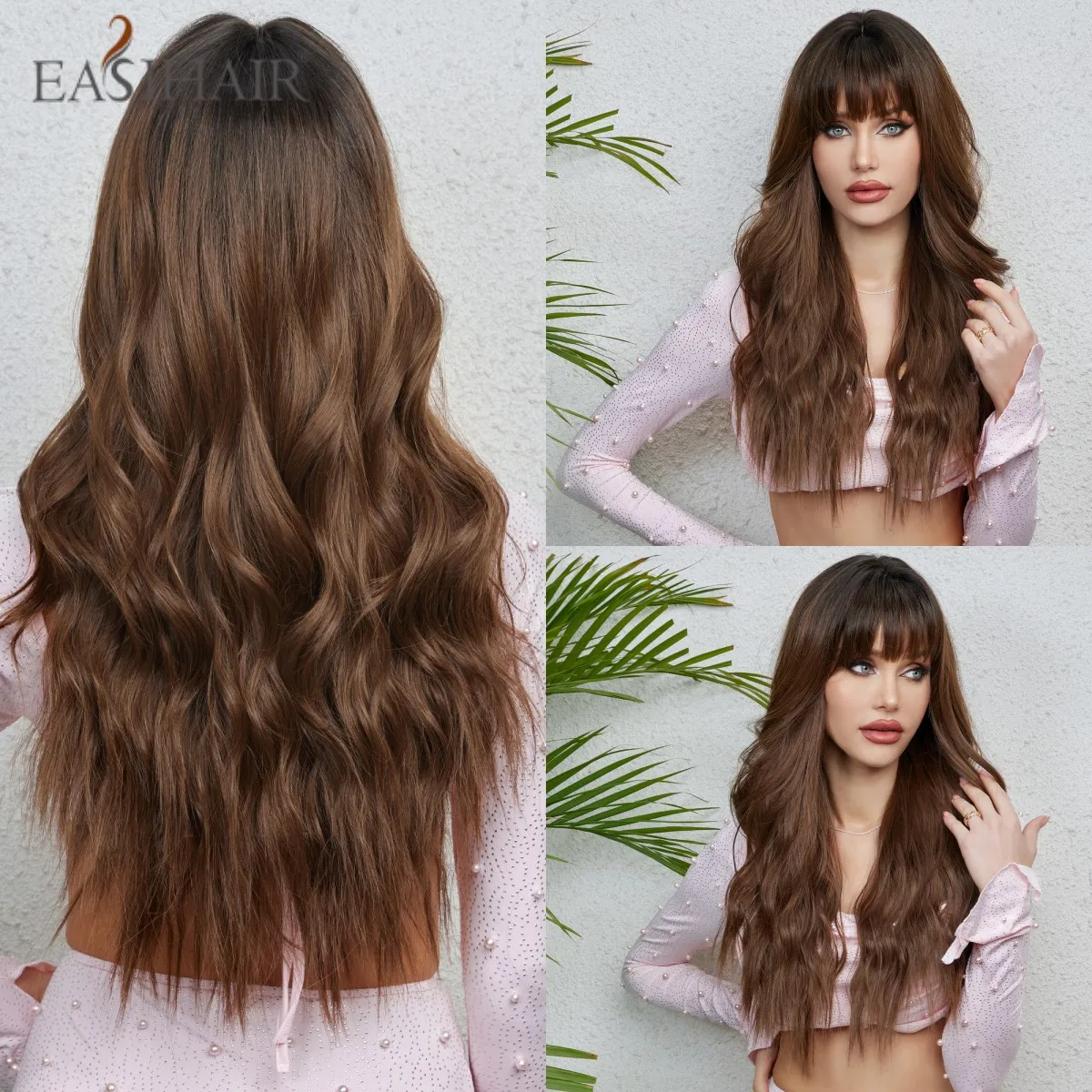 

EASIHAIR Long Brown Ombre Wavy Wigs with Bangs Natural Synthetic Wigs for Women Daily Cosplay Wigs Heat Resistant Fiber Wigs