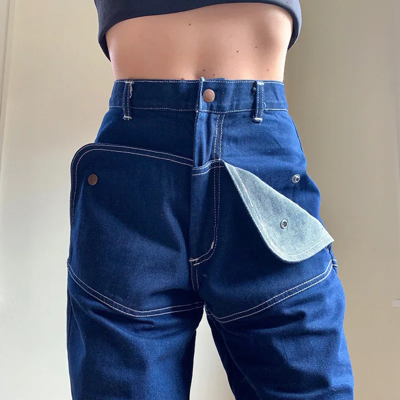 Street Fashion Contrast Colors Open-line High Waist Straight Pants Women Unique Pocket Design Patchwork Jeans Indie Denim Pants