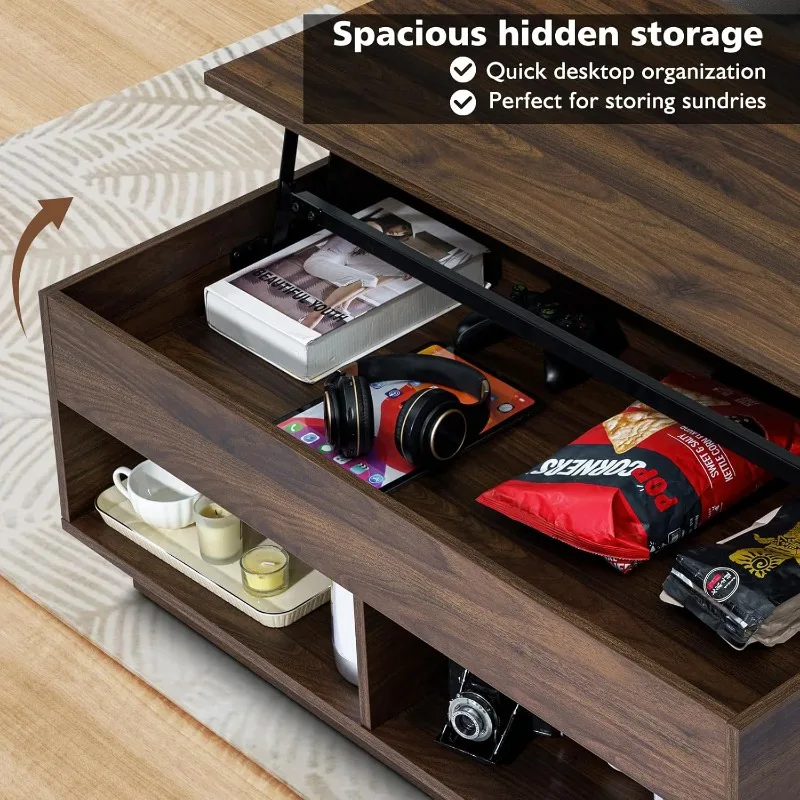 Lift Top Coffee Table with Hidden Storage LED Coffee Table Dark Walnut Living Room 3 Tiers Tea Table with Storage Center Tables. 5