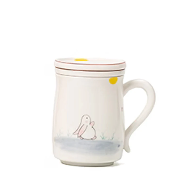 Chinese Style Ceramic Hand drawn rabbit Mugs, Home Personal Office Creative Teacup With Cover Filtered Tea Water Separation, 1Pc