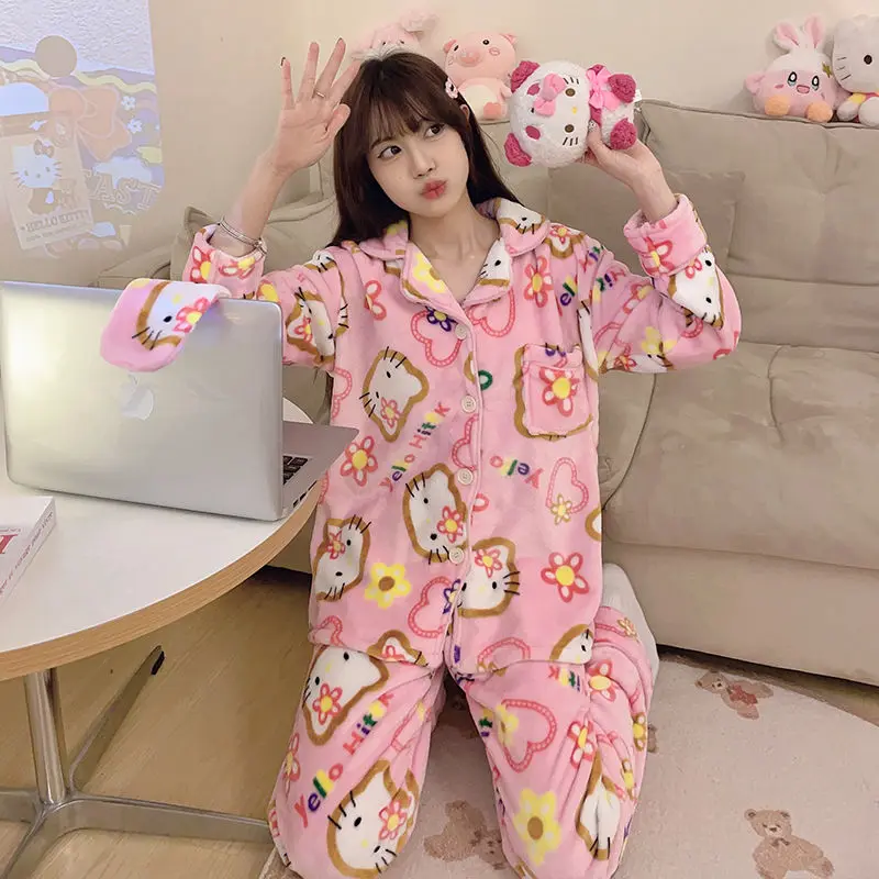 

Cute Sanrio Hello Kitty Kawaii Pajamas Anime Cartoon Home Furnishings Suit Plush Thickening Warm Girl Christmas Gift Loungewear