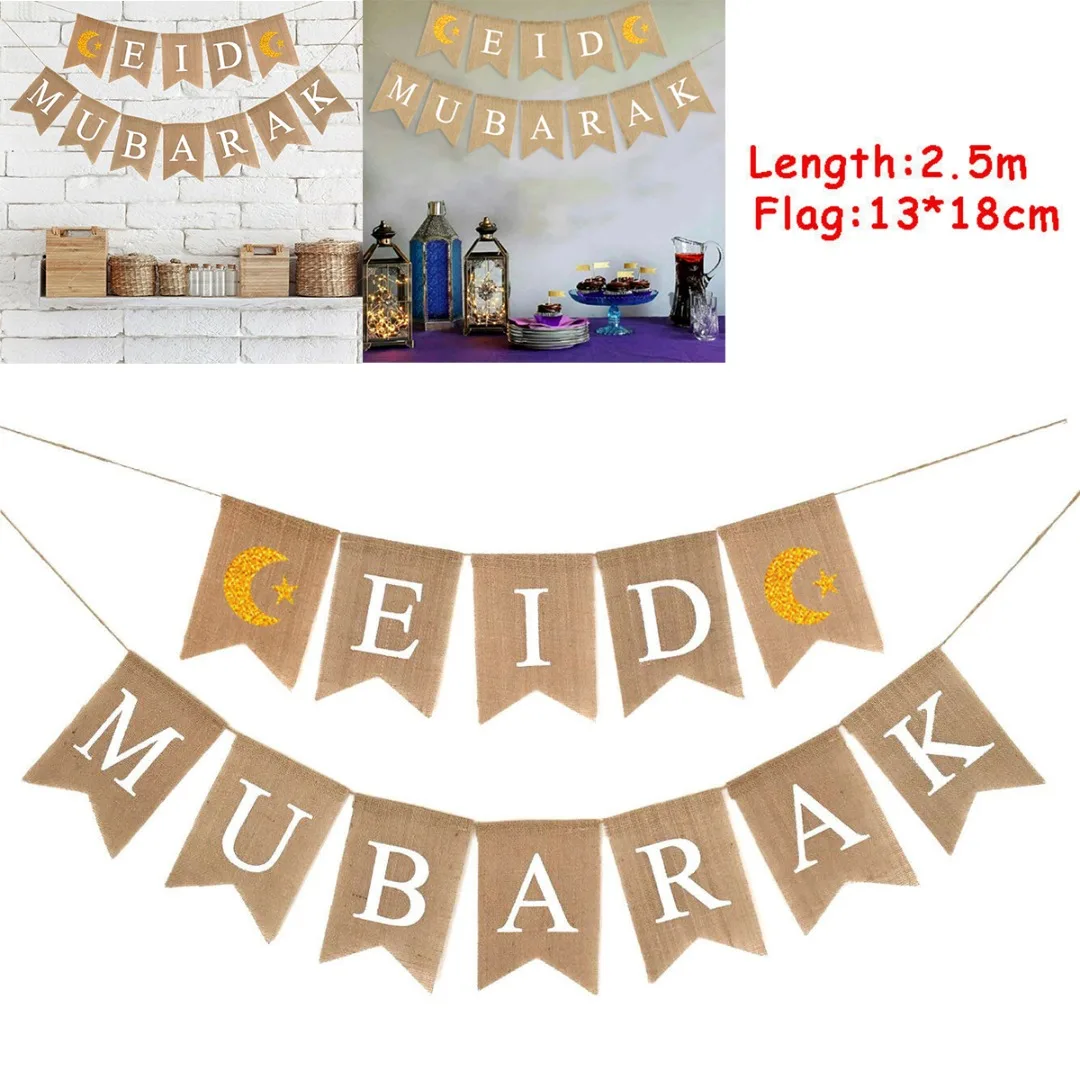 Eid Mubarak Juta Hessian Burlap Banner Rustico Ramadan Bunting Party Decoration